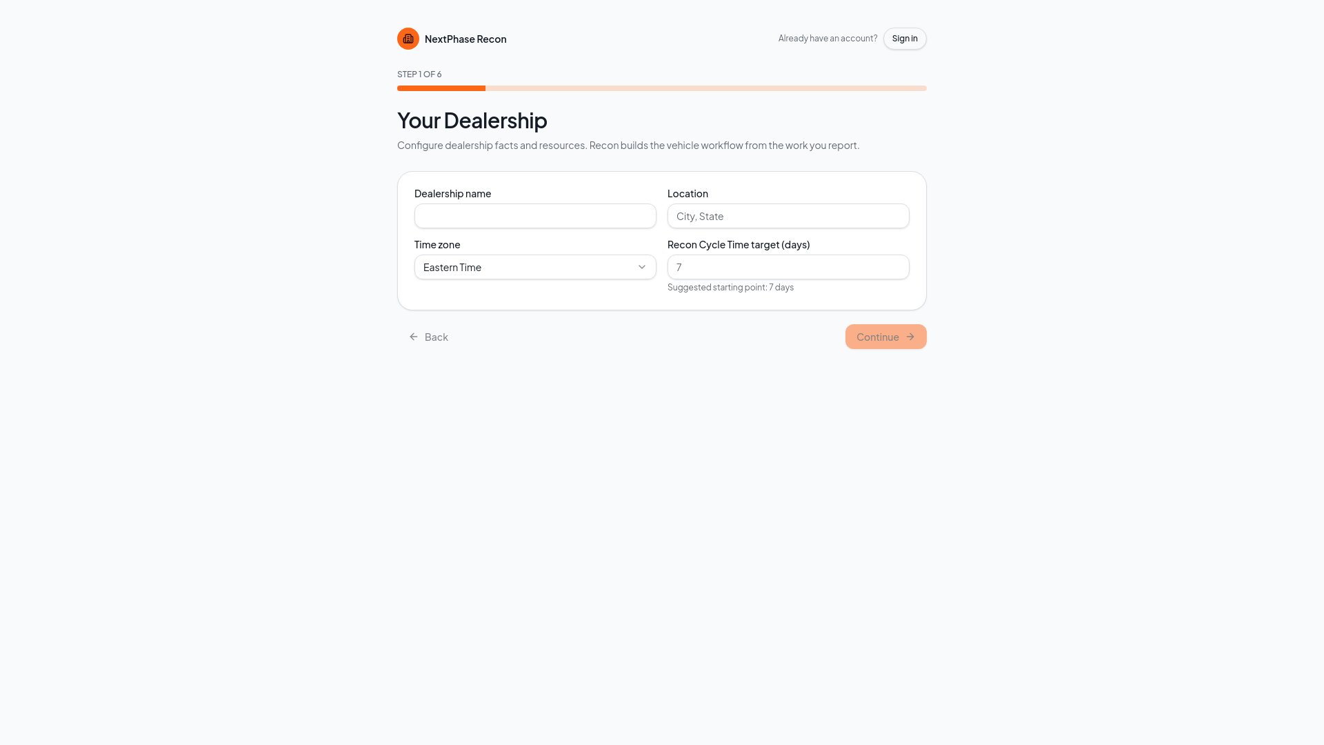 NextPhase Recon dealership onboarding screen